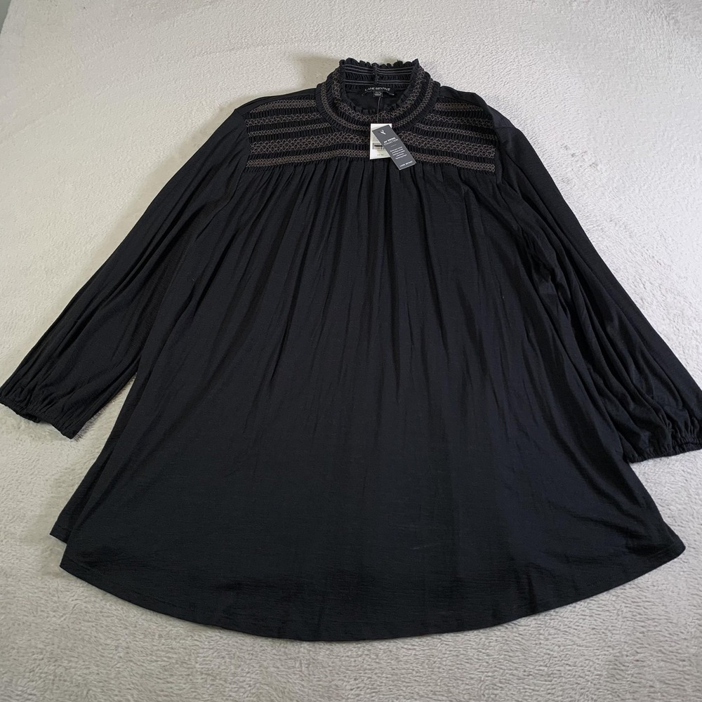 Lane Bryant Dress Womens 14/16 Black Swing Smocked High Neck Long Sleeve NEW
